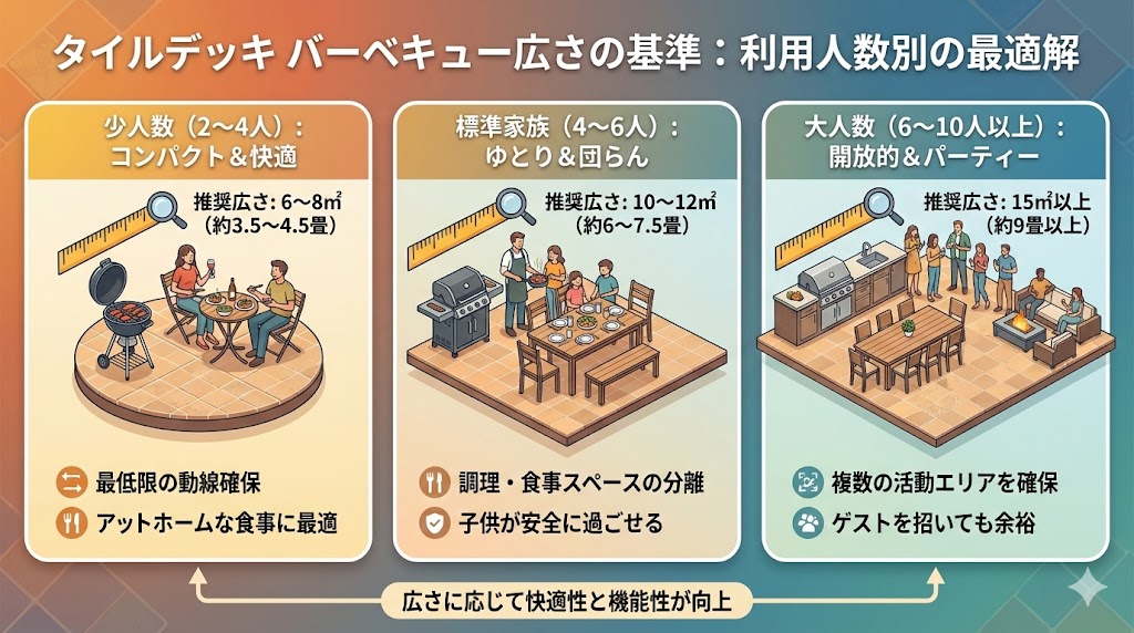タイルデッキ バーベキュー 広さ の基準：利用人数別の最適解