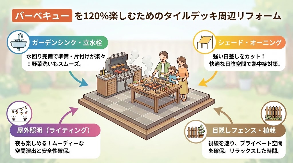 バーベキュー を120％楽しむためのタイルデッキ周辺リフォーム