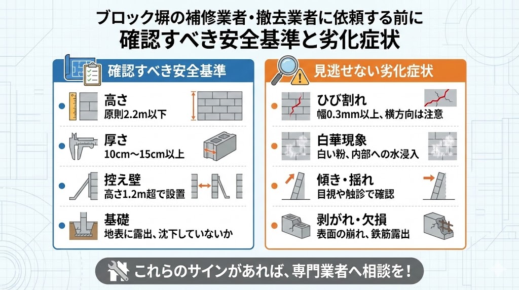 ブロック塀の補修業者・撤去業者に依頼する前に確認すべき安全基準と劣化症状