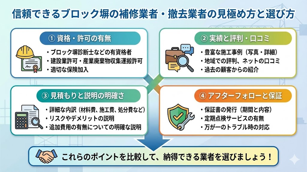 信頼できるブロック塀の補修業者・撤去業者の見極め方と選び方