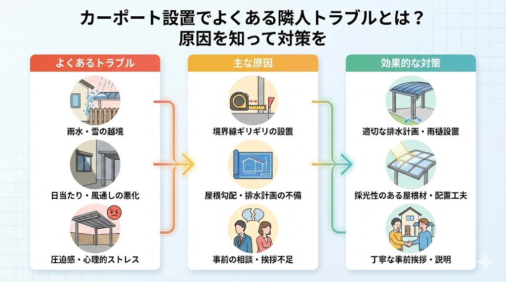 カーポート設置でよくある隣人トラブルとは？原因を知って対策を
