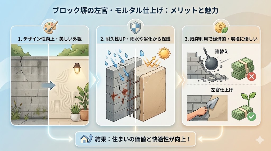 ブロック塀を左官仕上げ・モルタル仕上げにするメリットと魅力