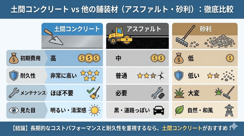 土間コンクリート vs 他の舗装材(アスファルト・砂利)