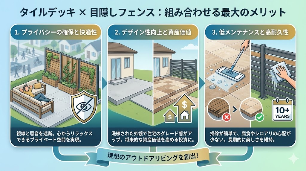 タイルデッキと目隠しフェンスを組み合わせる最大のメリット