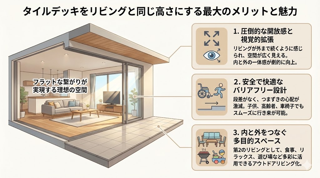 タイルデッキをリビングと同じ高さにする最大のメリットと魅力
