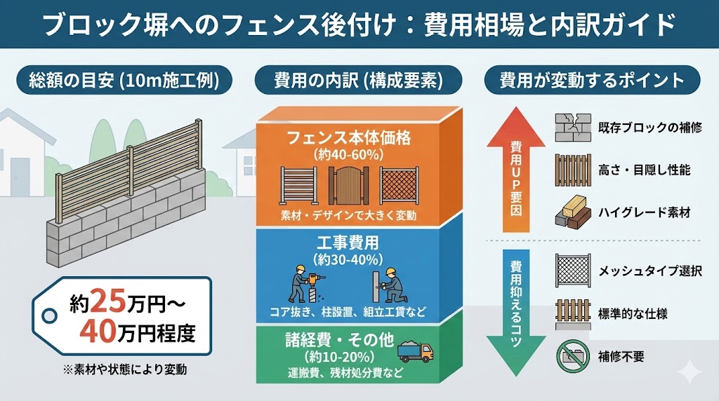 ブロック塀へのフェンス後付け費用の相場と内訳