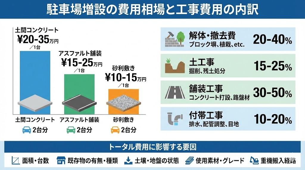 駐車場増設の費用相場と工事費用の内訳