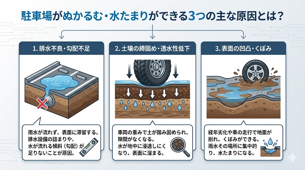駐車場がぬかるむ・水たまりができる3つの主な原因とは？