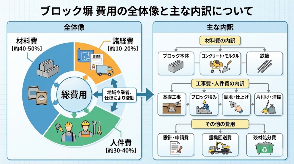 ブロック塀 費用の全体像と主な内訳について