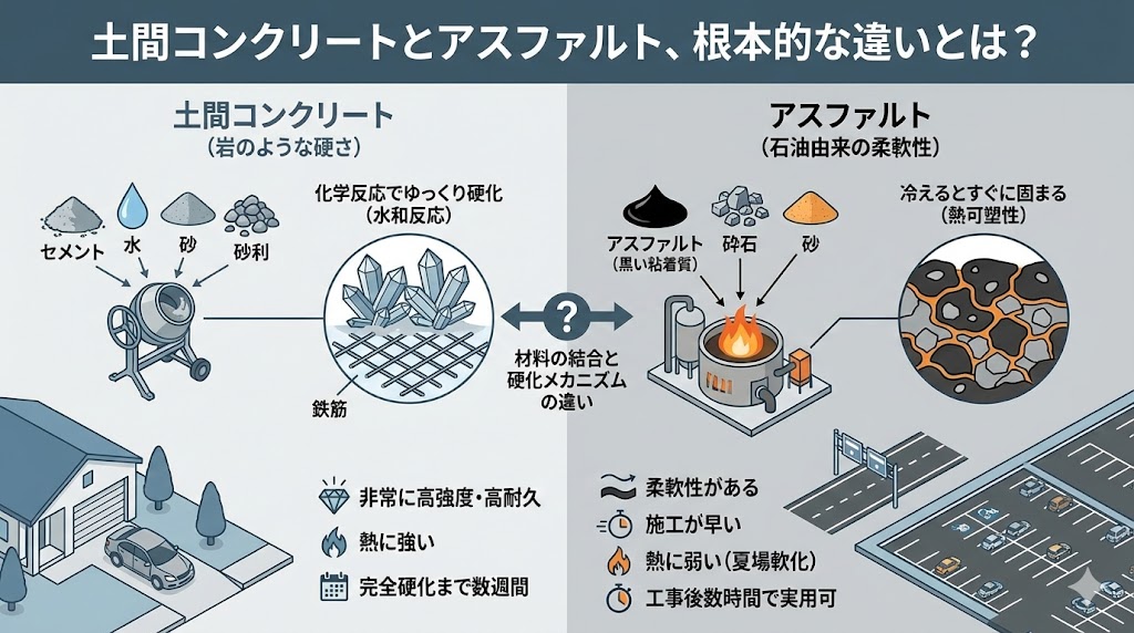 土間コンクリートとアスファルト、根本的な違いとは?