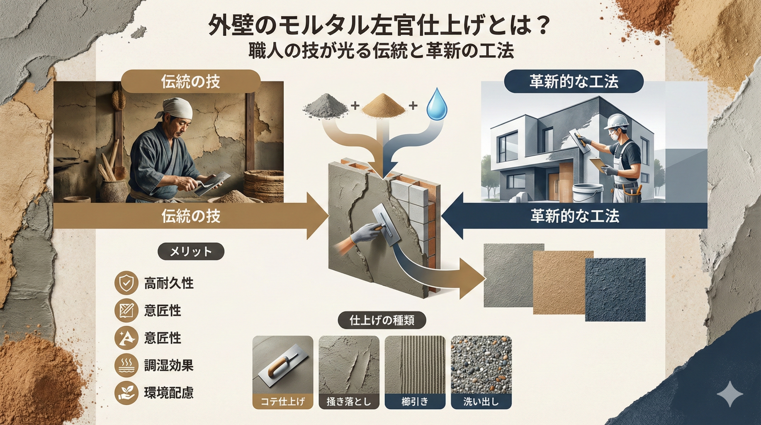 外壁のモルタル左官仕上げとは?職人の技が光る伝統と革新の工法