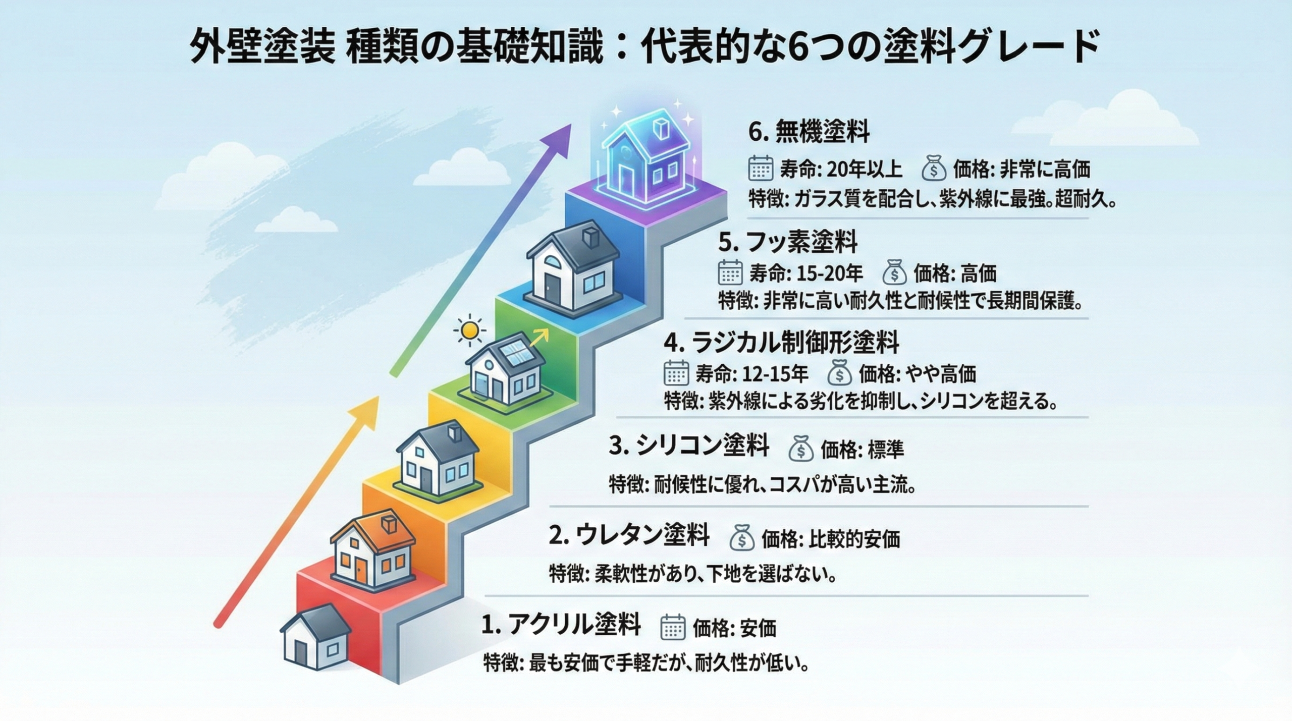 外壁塗装 種類の基礎知識:代表的な6つの塗料グレード
