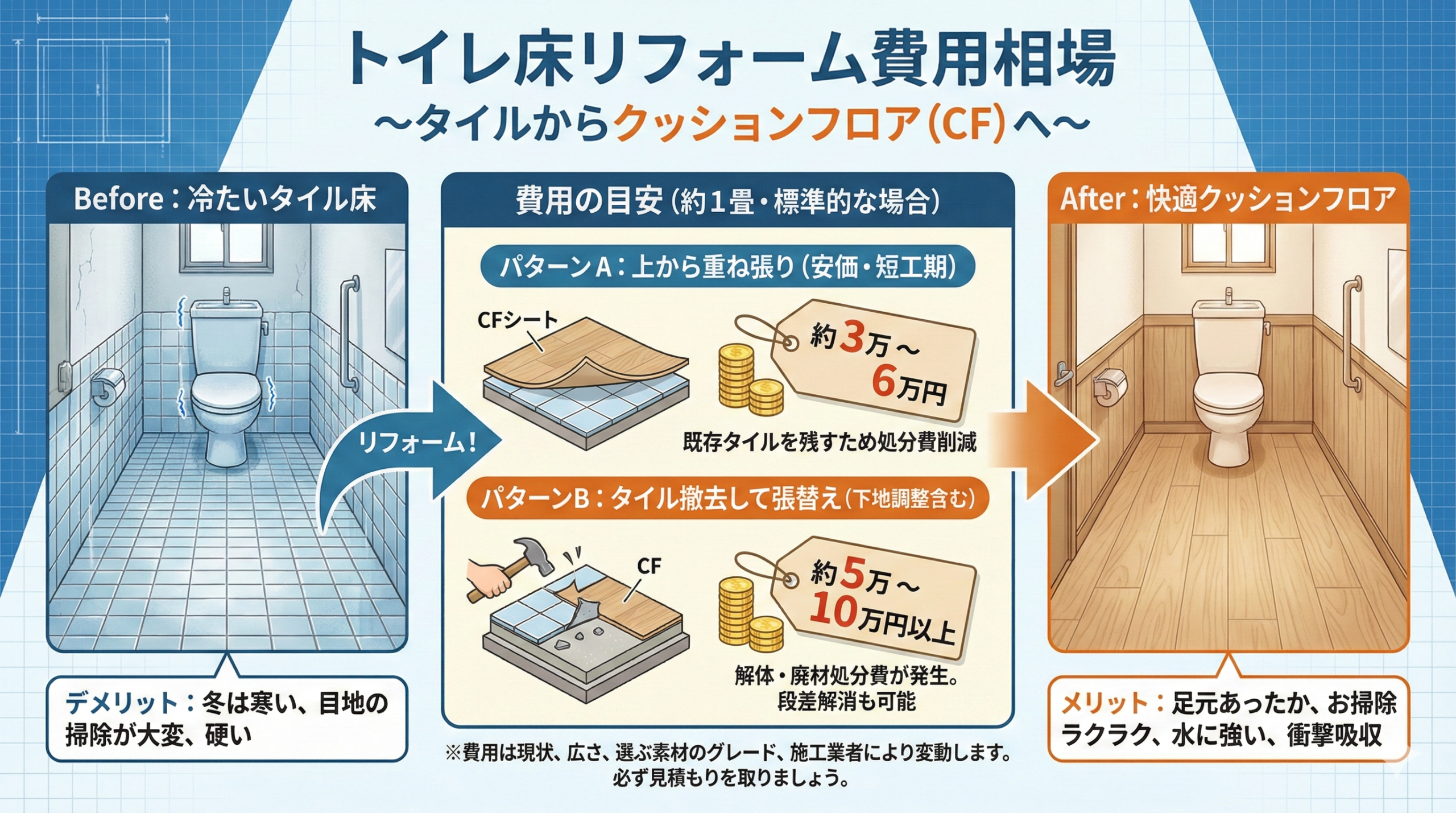 トイレの床をタイルからクッションフロアにリフォームする費用の相場