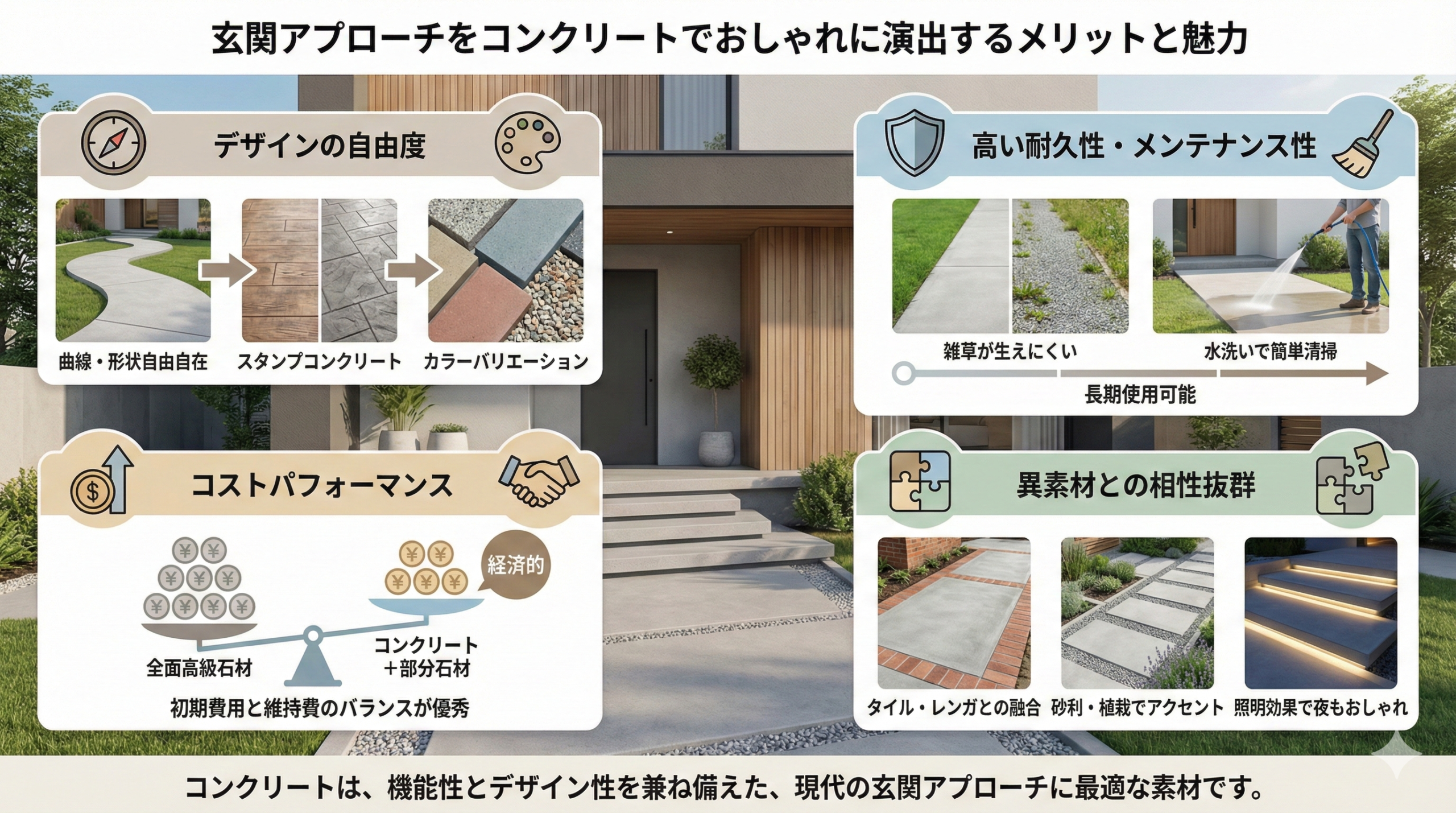 玄関アプローチをコンクリートでおしゃれに演出するメリットと魅力