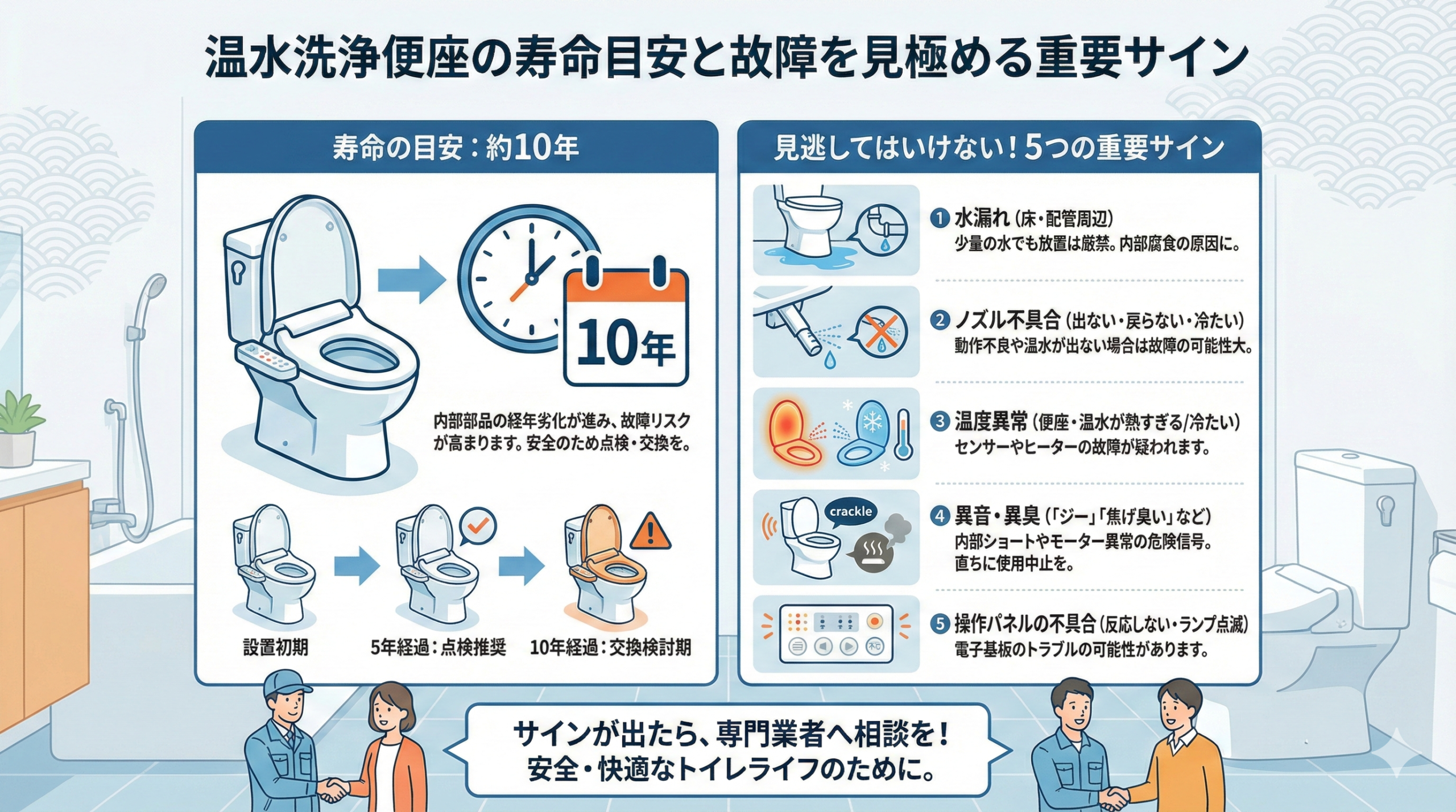 温水洗浄便座寿命の目安と故障を見極める重要サイン
