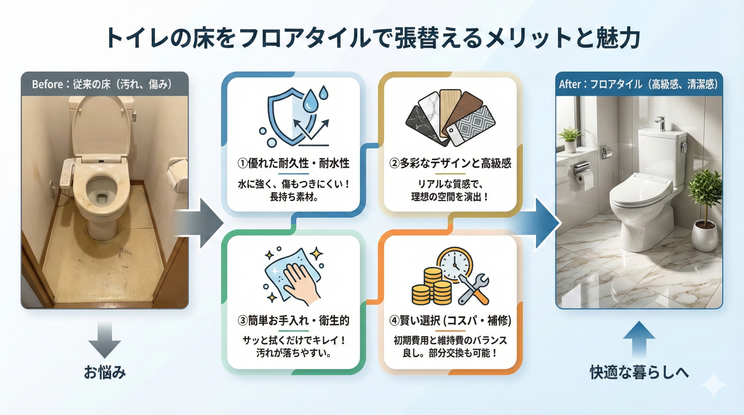 トイレの床をフロアタイルで張替えるメリットと魅力