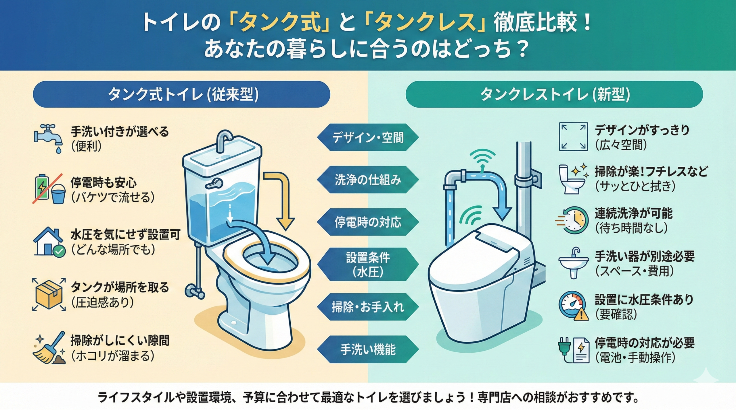 トイレのタンク式とタンクレスの違いを徹底比較