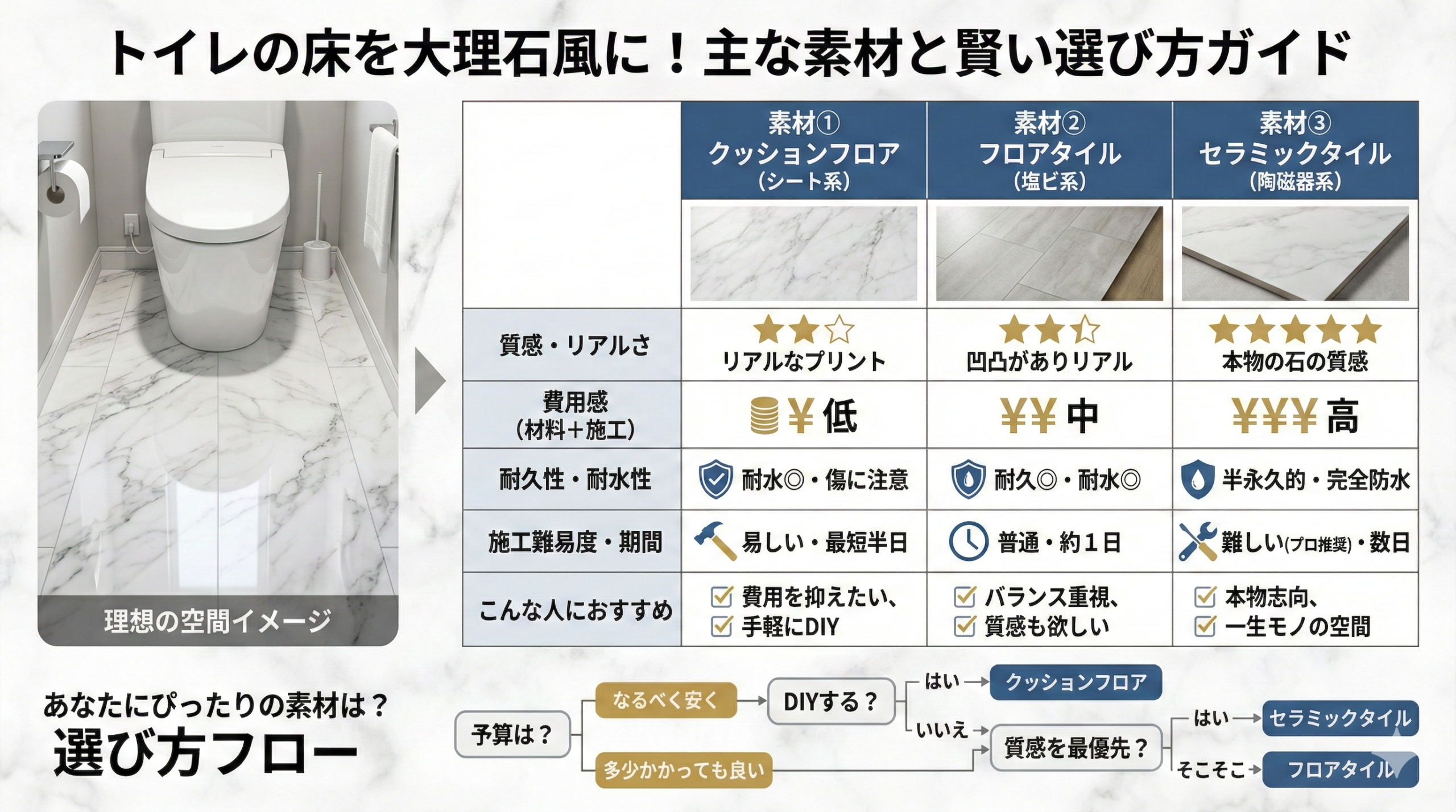 トイレの床を大理石風にするための主な素材と選び方