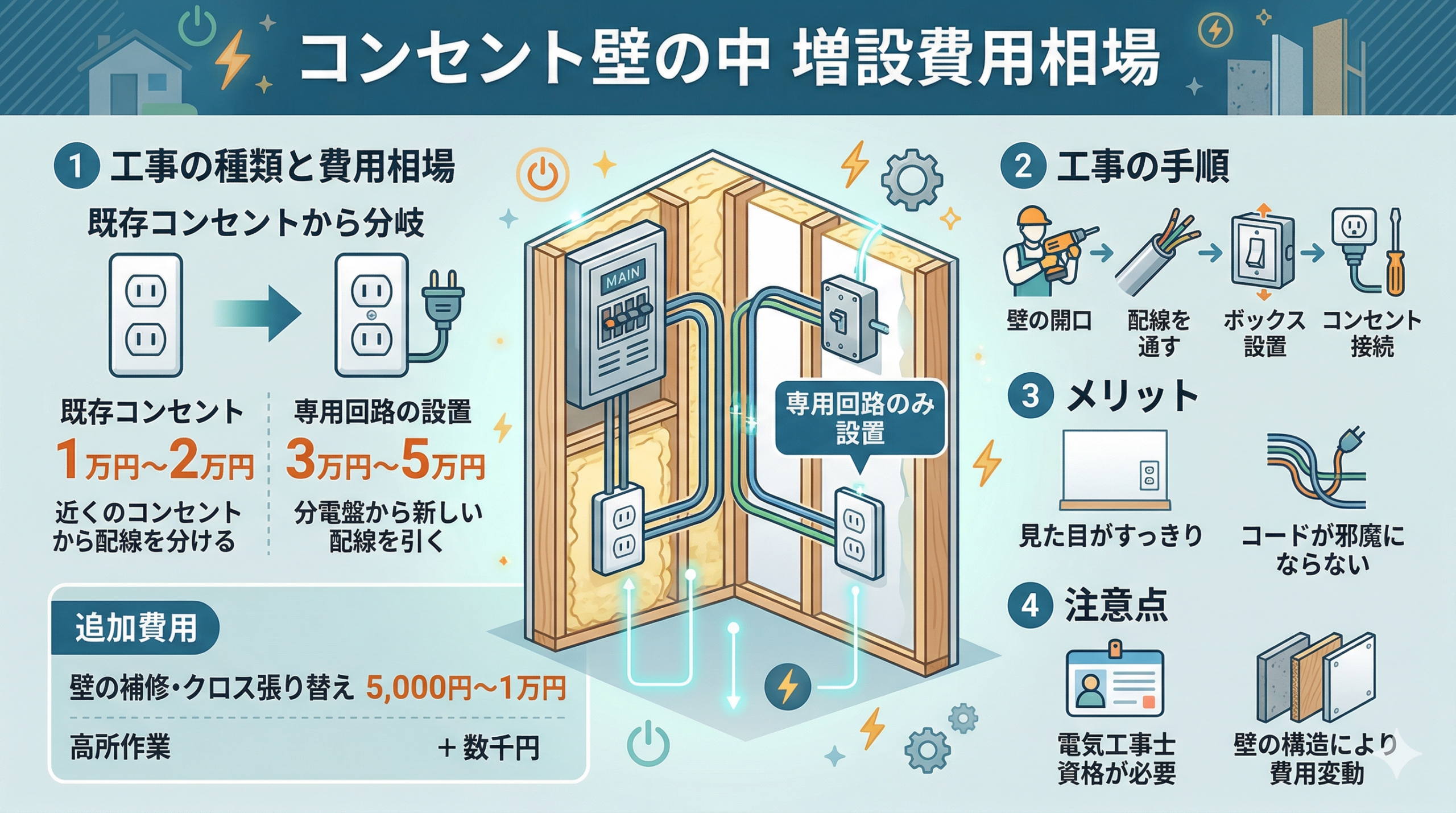 コンセントの増設を壁の中に行う費用相場
