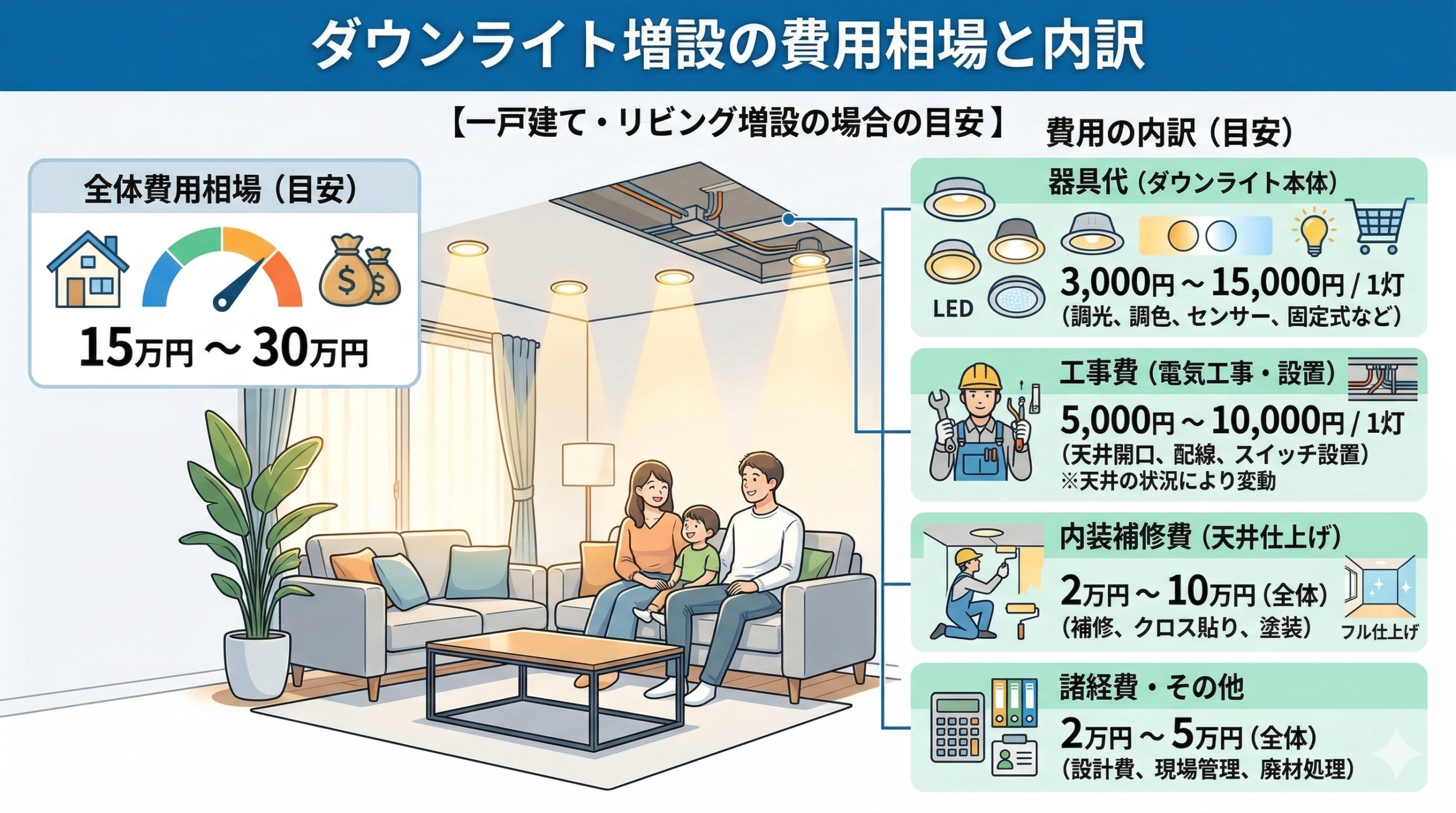 ダウンライト増設の費用相場と内訳