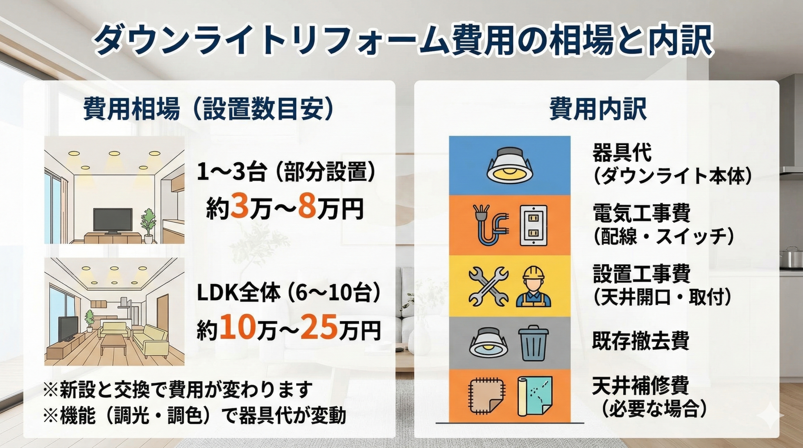 ダウンライトのリフォーム費用の相場と内訳