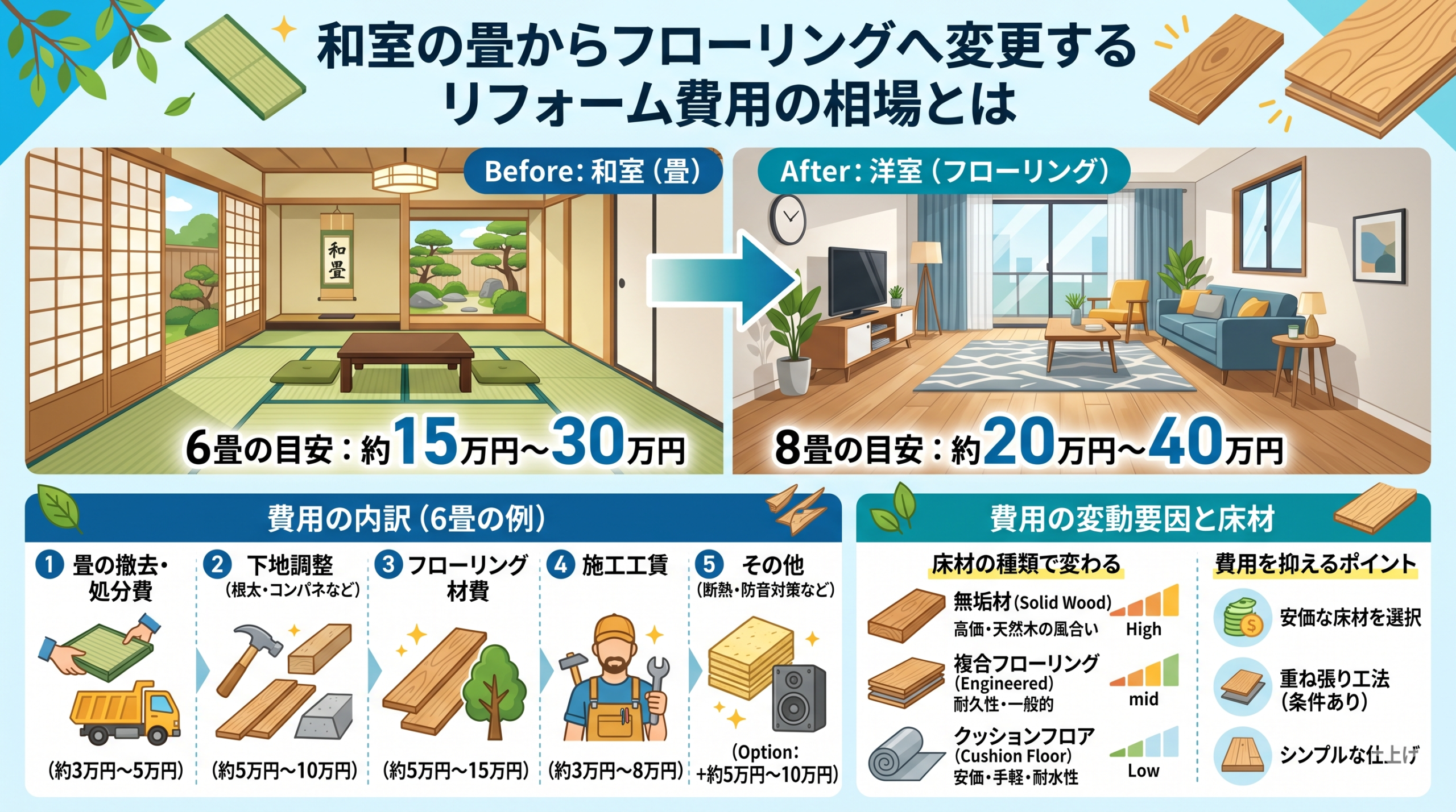 和室の畳からフローリングへ変更するリフォーム費用の相場とは
