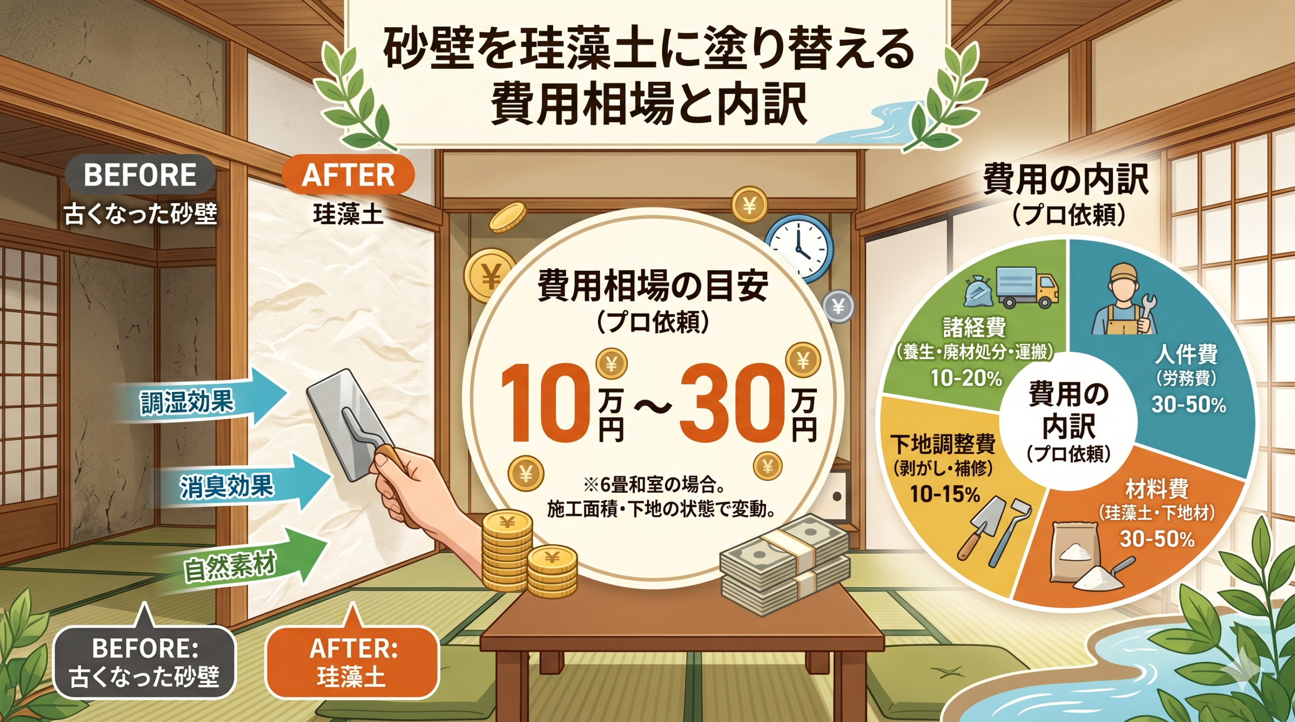 砂壁を珪藻土に塗り替える費用の相場と内訳