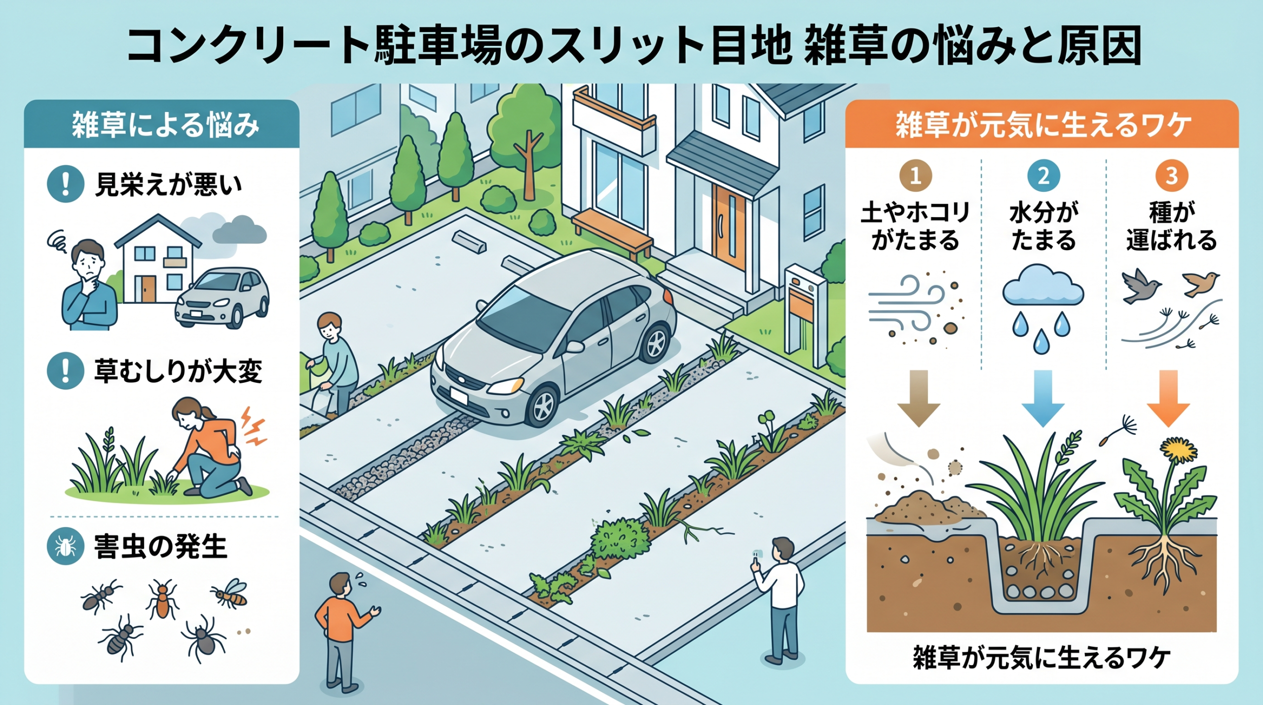 コンクリート駐車場のスリット目地に生える雑草の悩みと原因