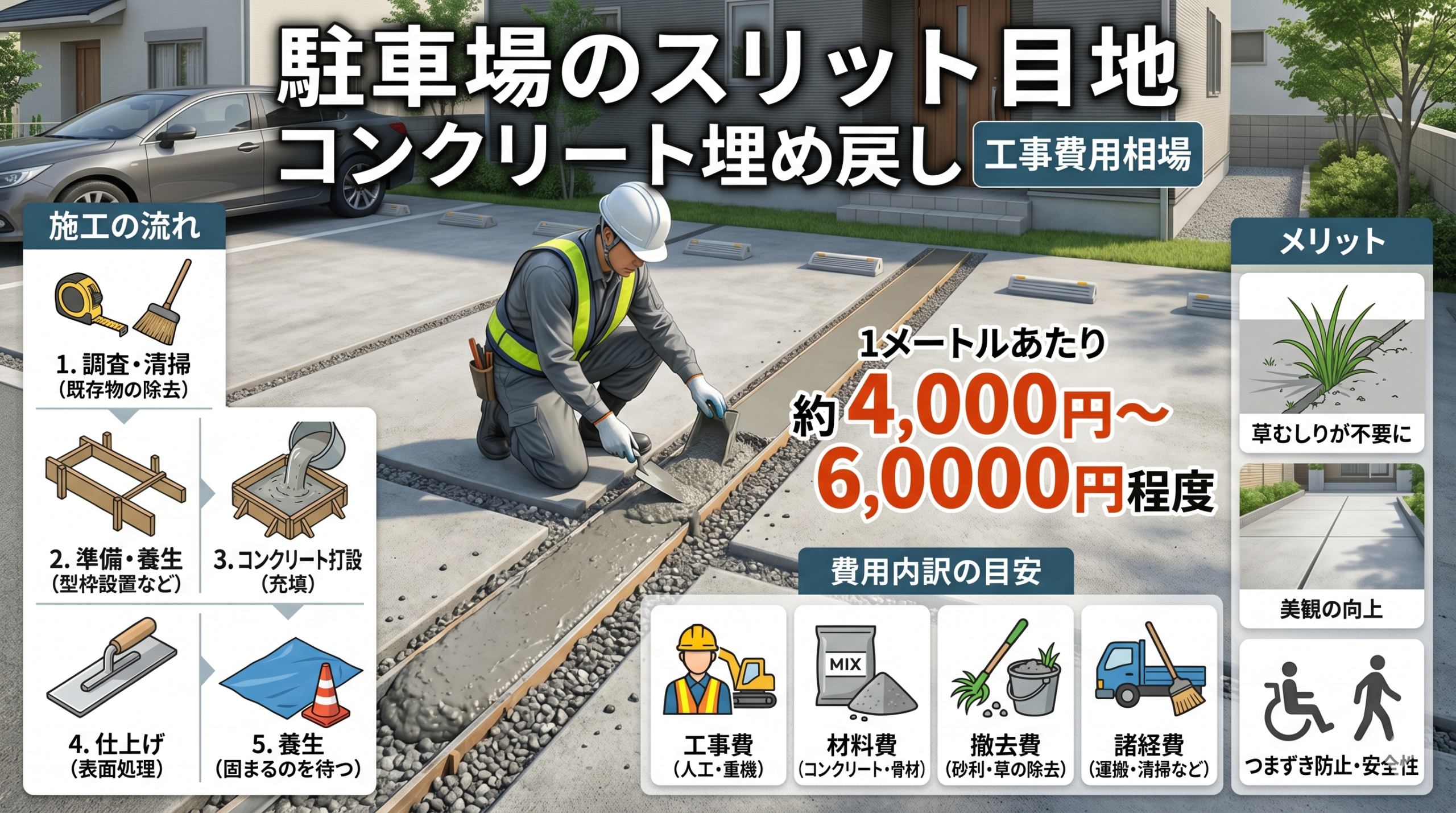 スリット目地をコンクリートで埋める際の費用相場