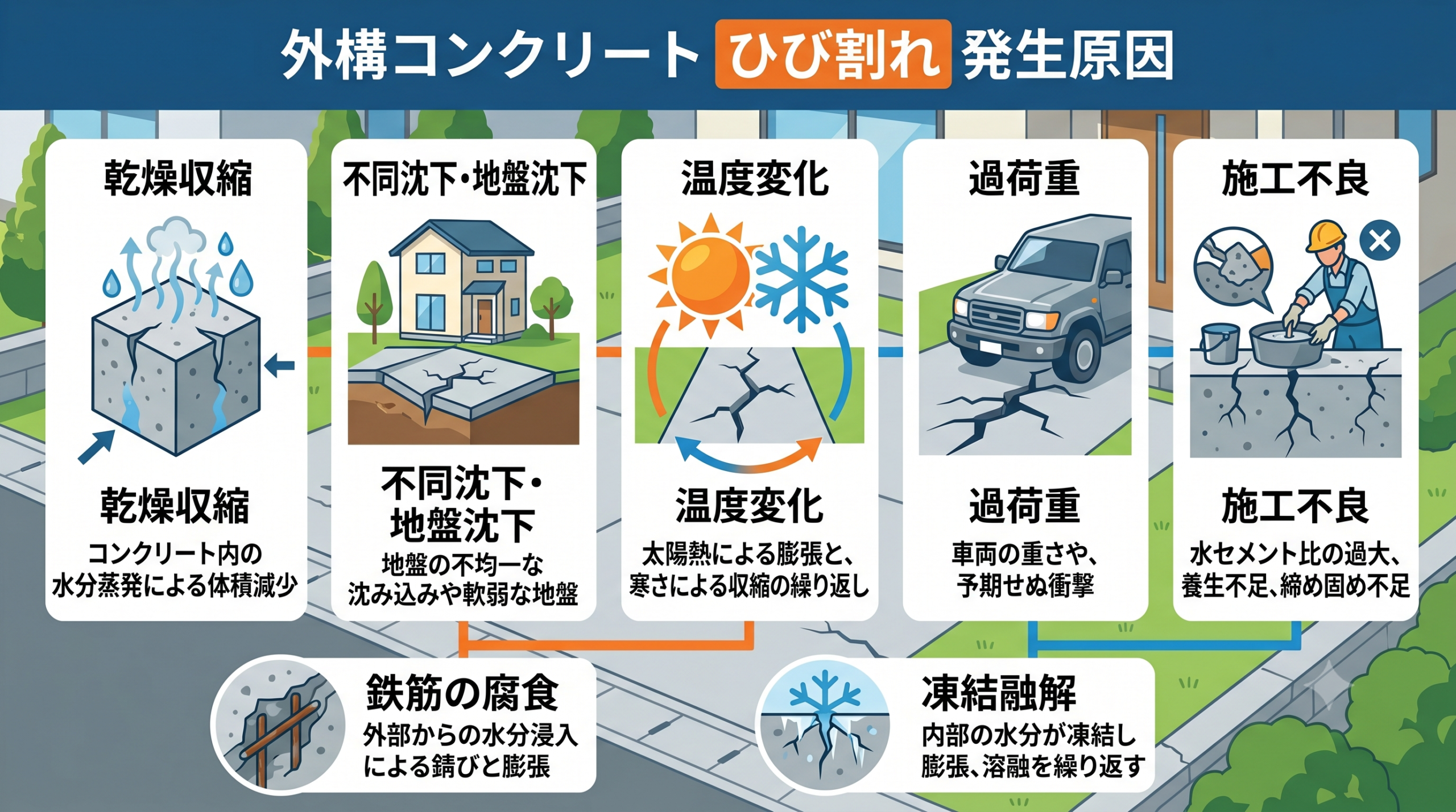 外構コンクリートのひび割れが起きる原因とは？