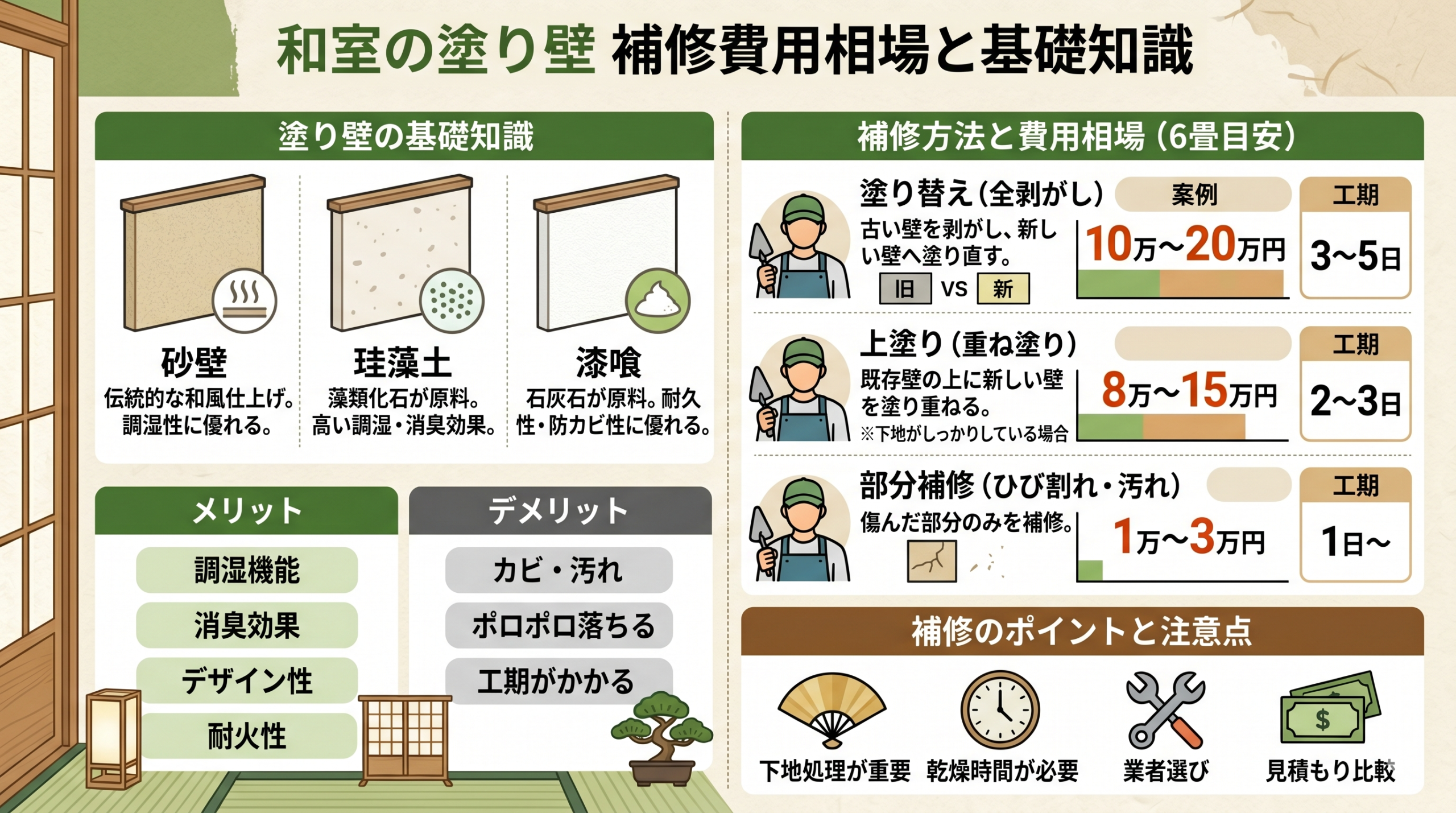和室の塗り壁の補修にかかる費用相場と基礎知識
