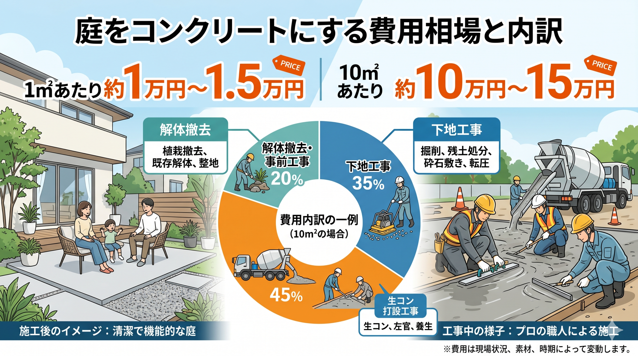 庭をコンクリートにする費用相場と内訳