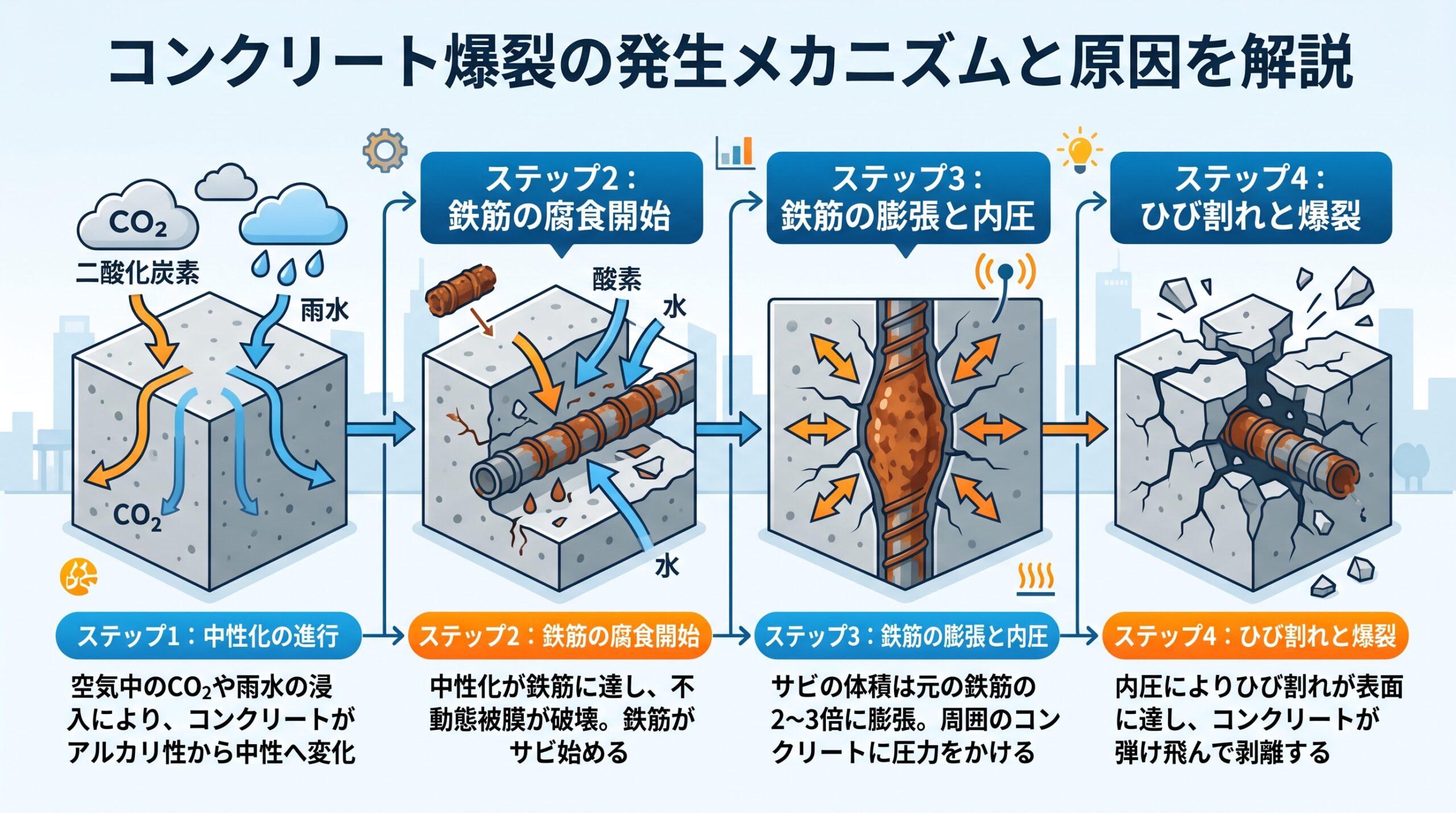 コンクリート爆裂の原因とは？発生するメカニズムを解説
