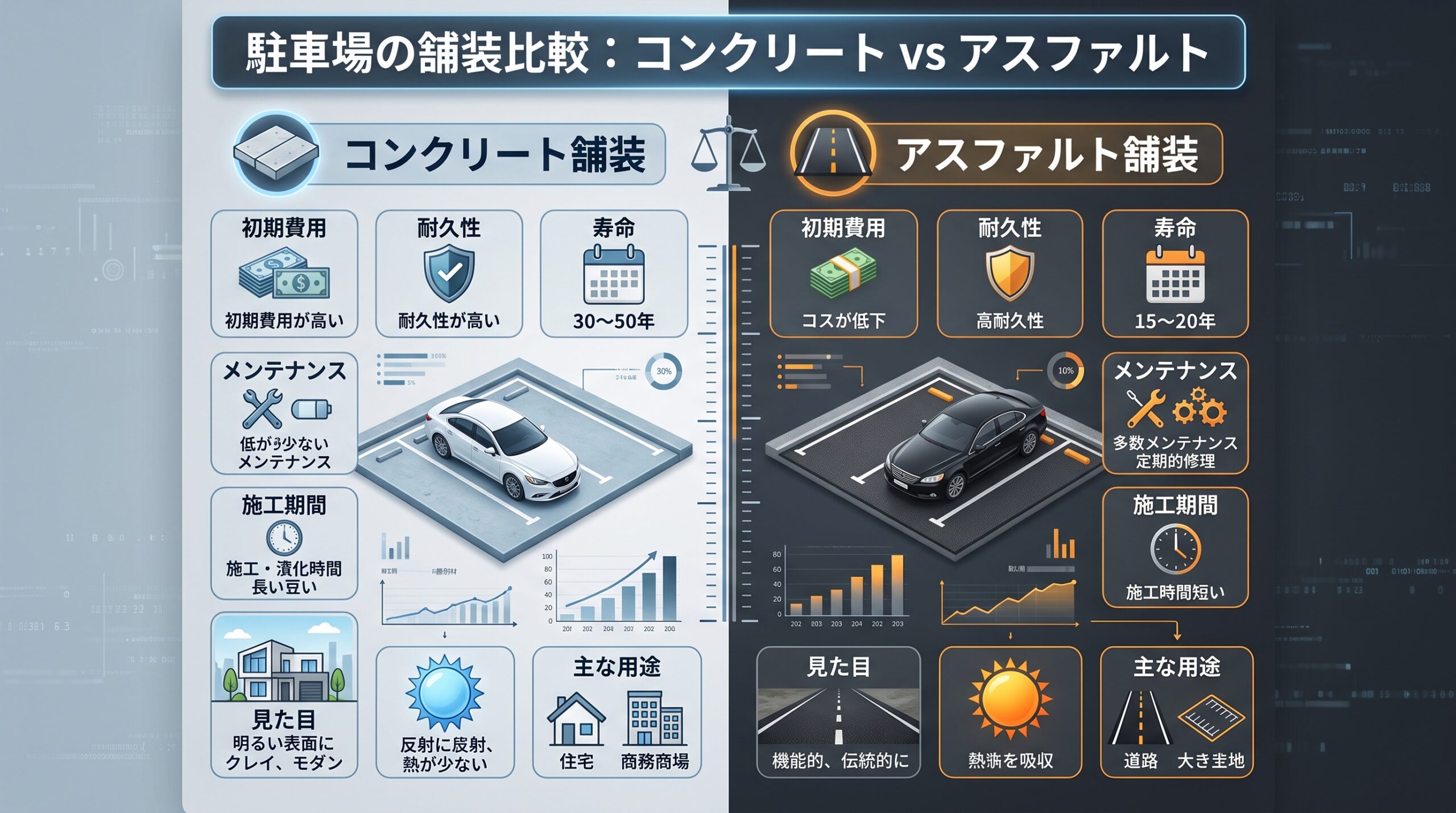 駐車場の舗装はコンクリートとアスファルトどちらが良い？