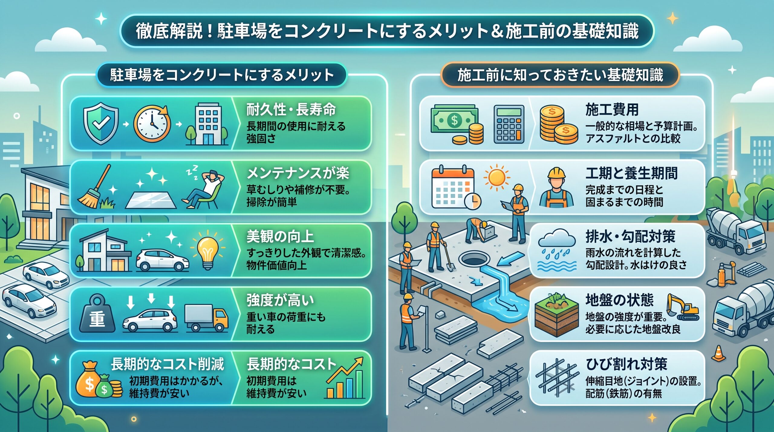 駐車場をコンクリートにするメリットとは？施工前に知っておきたい基礎知識