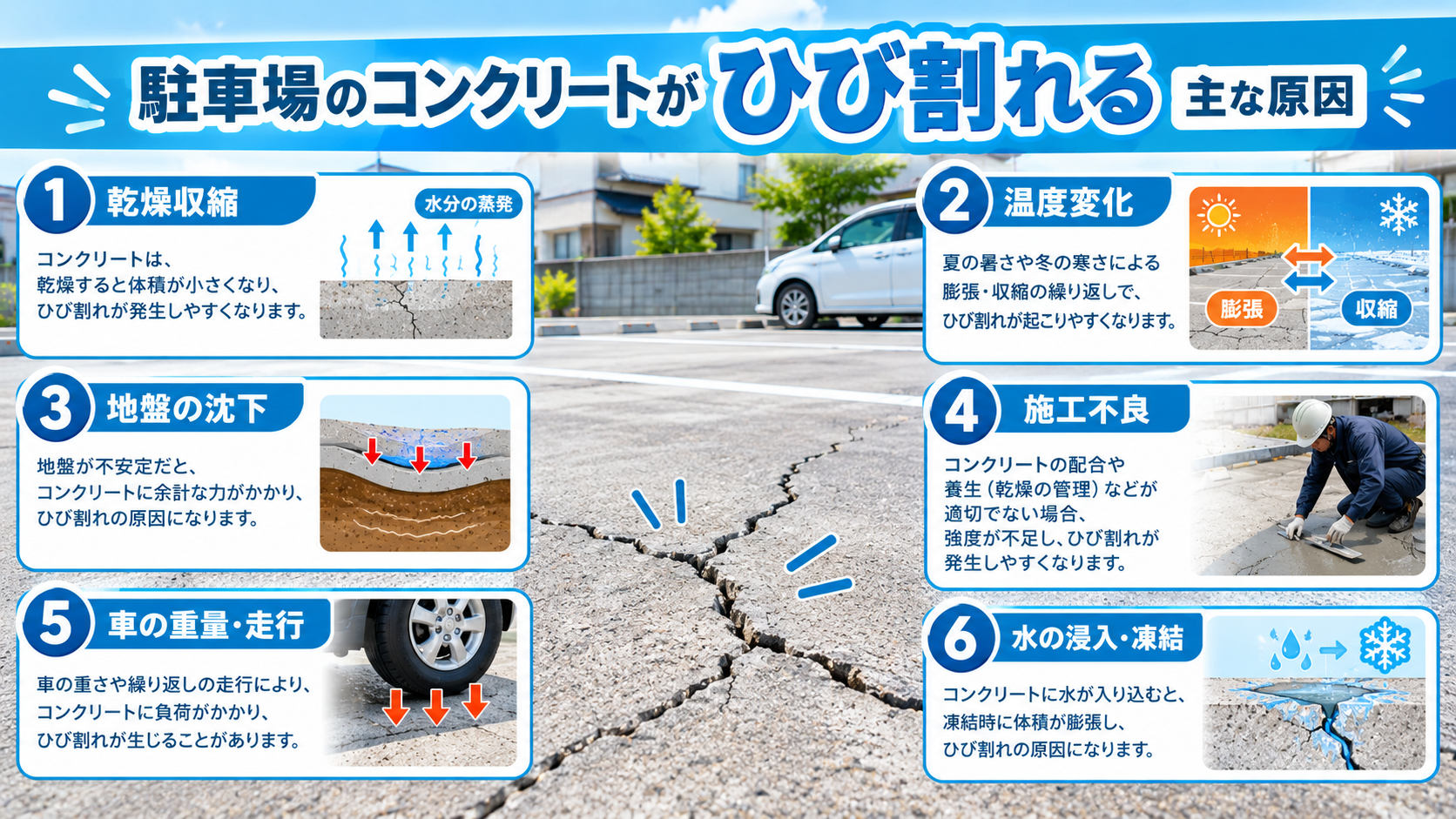 駐車場のコンクリートがひび割れる主な原因