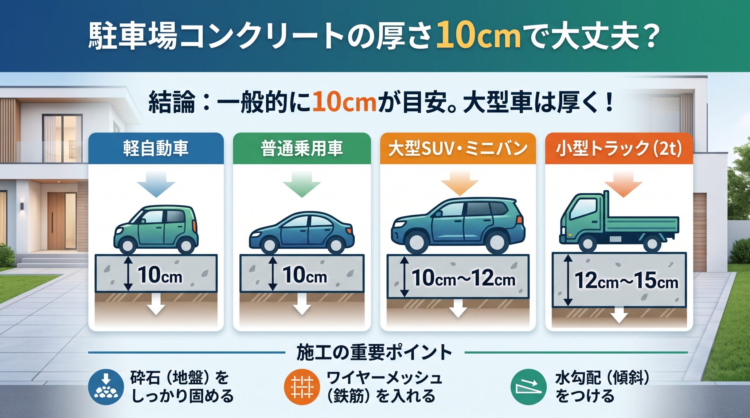 駐車場コンクリートの厚さは10cmで大丈夫？結論と車種別の目安