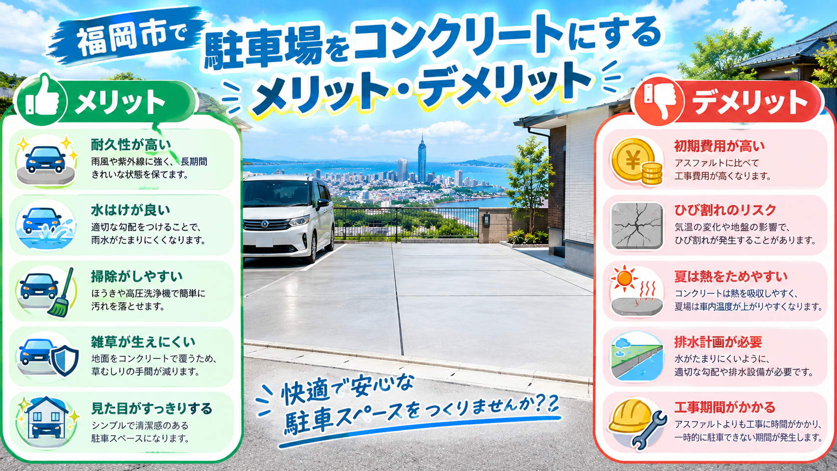 福岡市で駐車場をコンクリートにするメリット・デメリット