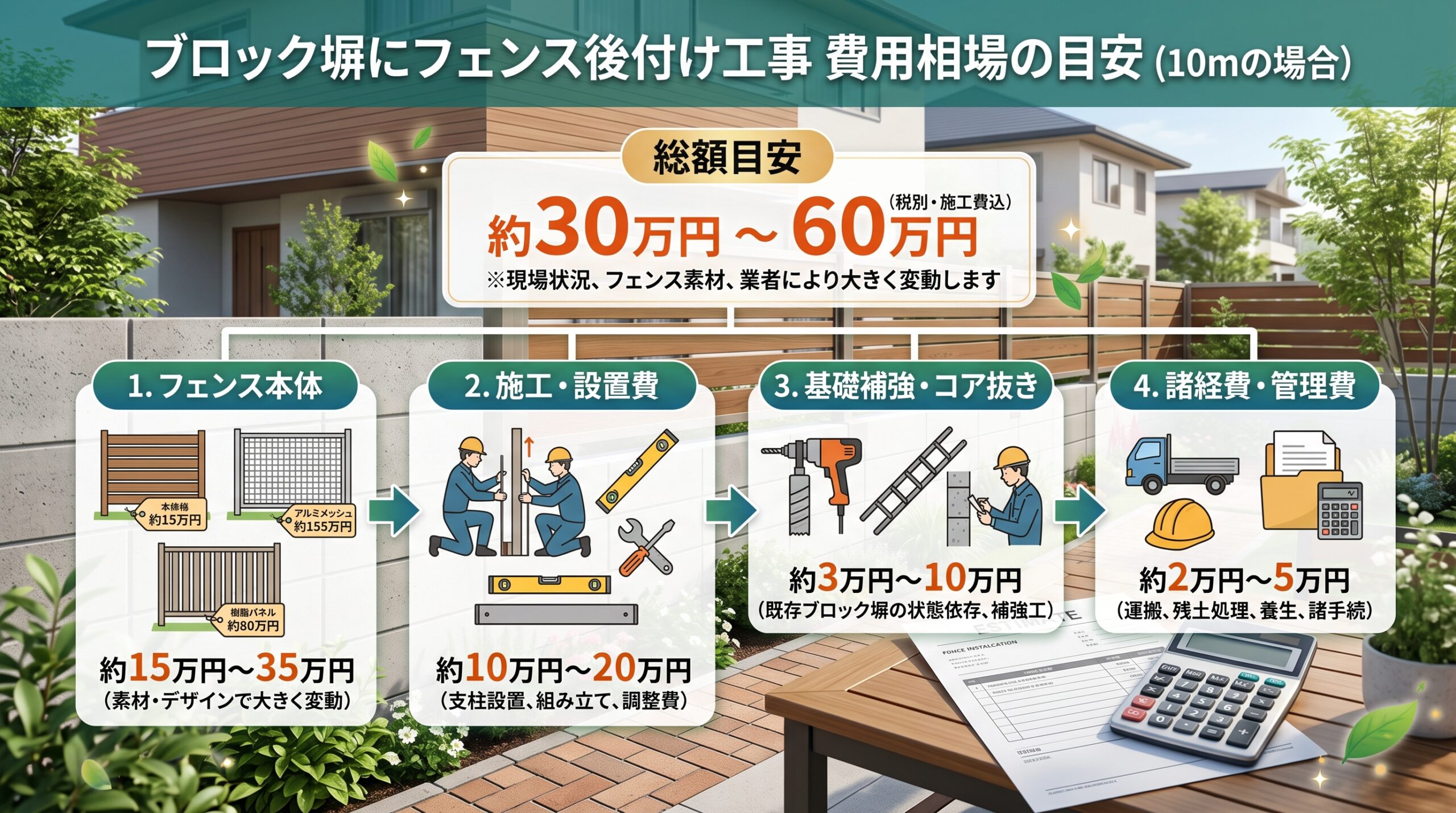 ブロック塀にフェンスを後付けする費用の相場（総額目安）