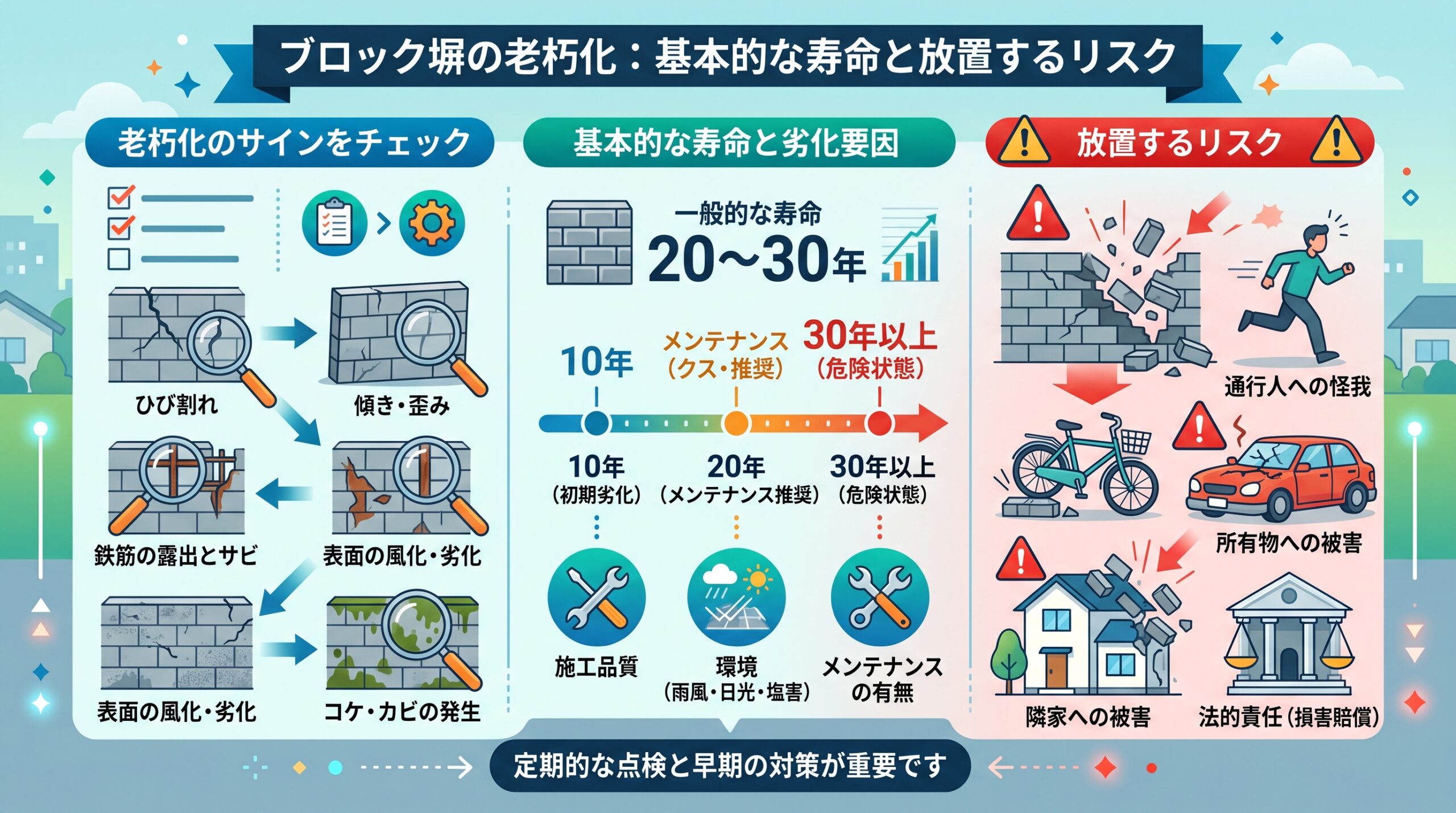 ブロック塀の老朽化とは？基本的な寿命と放置するリスク