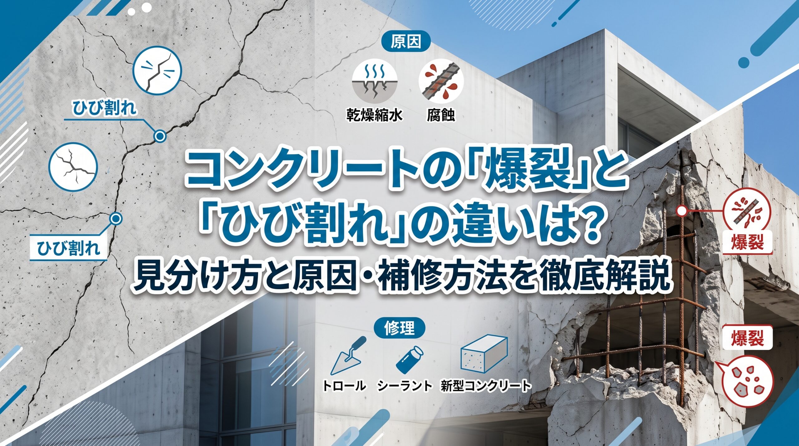 コンクリートの「爆裂」と「ひび割れ」の違いは？見分け方と原因・補修方法を徹底解説