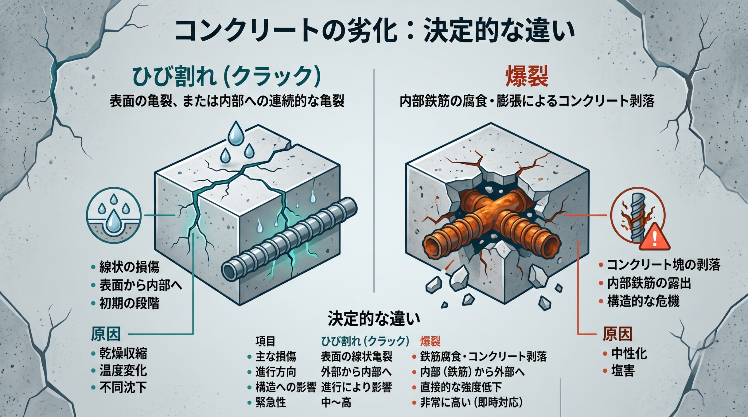 コンクリートの「爆裂」と「ひび割れ（クラック）」の決定的な違い