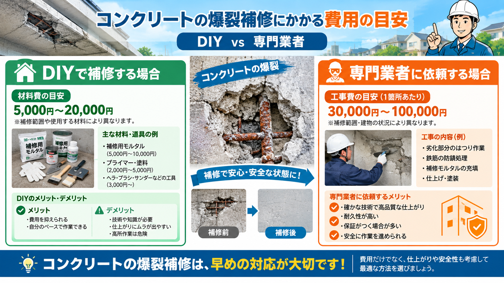 コンクリートの爆裂補修にかかる費用の目安（DIY vs 専門業者）