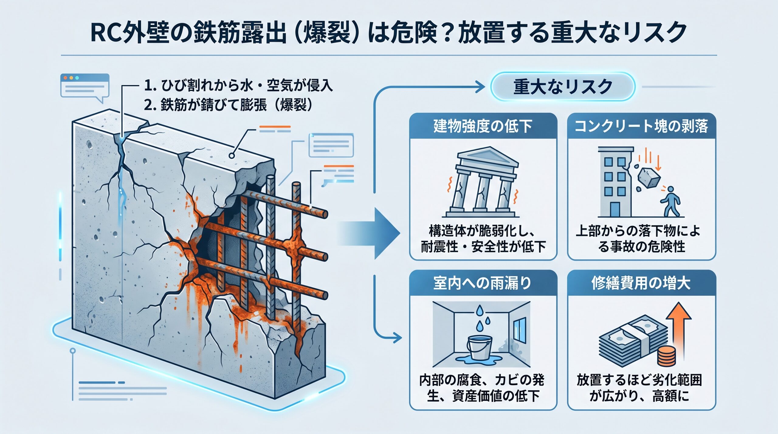 RC外壁の鉄筋露出（爆裂）は危険？放置する重大なリスク