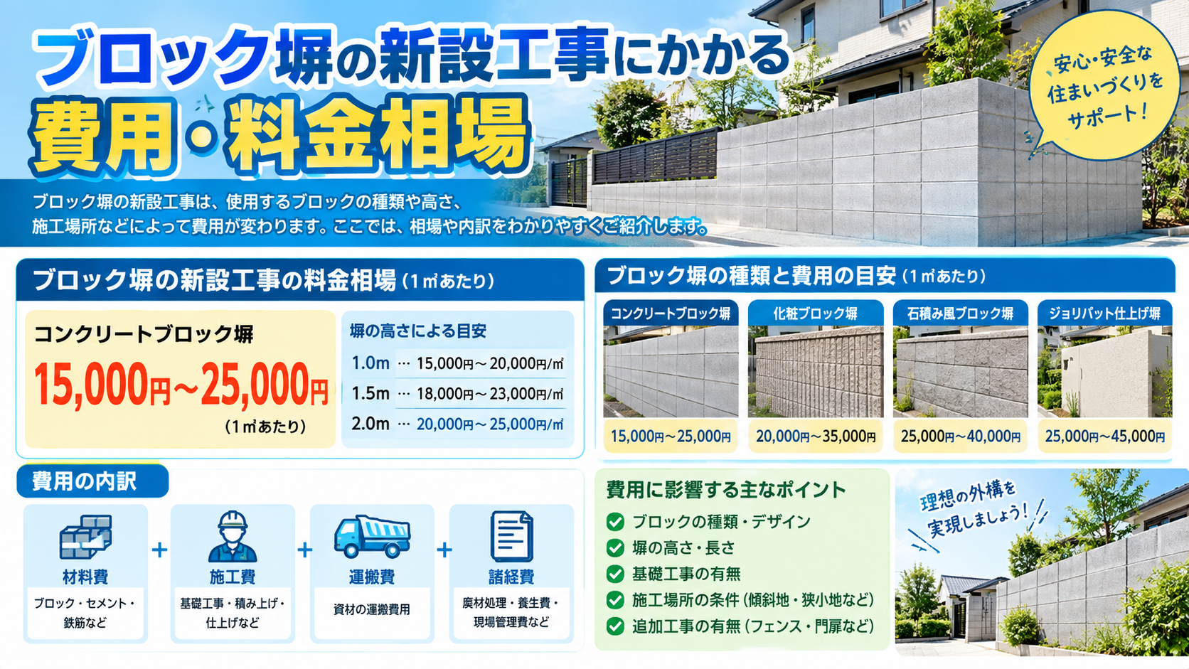 ブロック塀の新設工事にかかる費用・料金相場