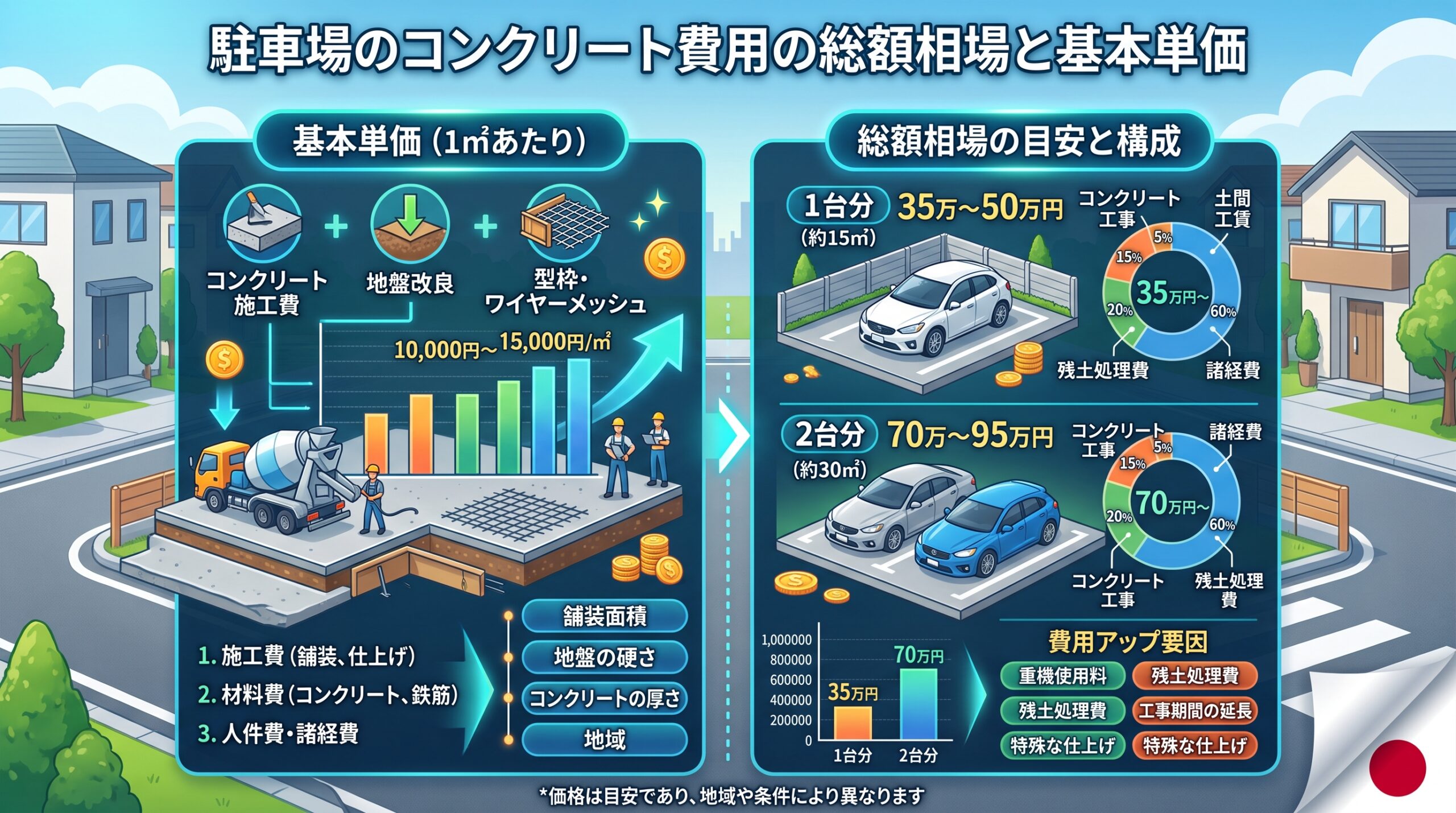 駐車場のコンクリート費用の総額相場と基本単価