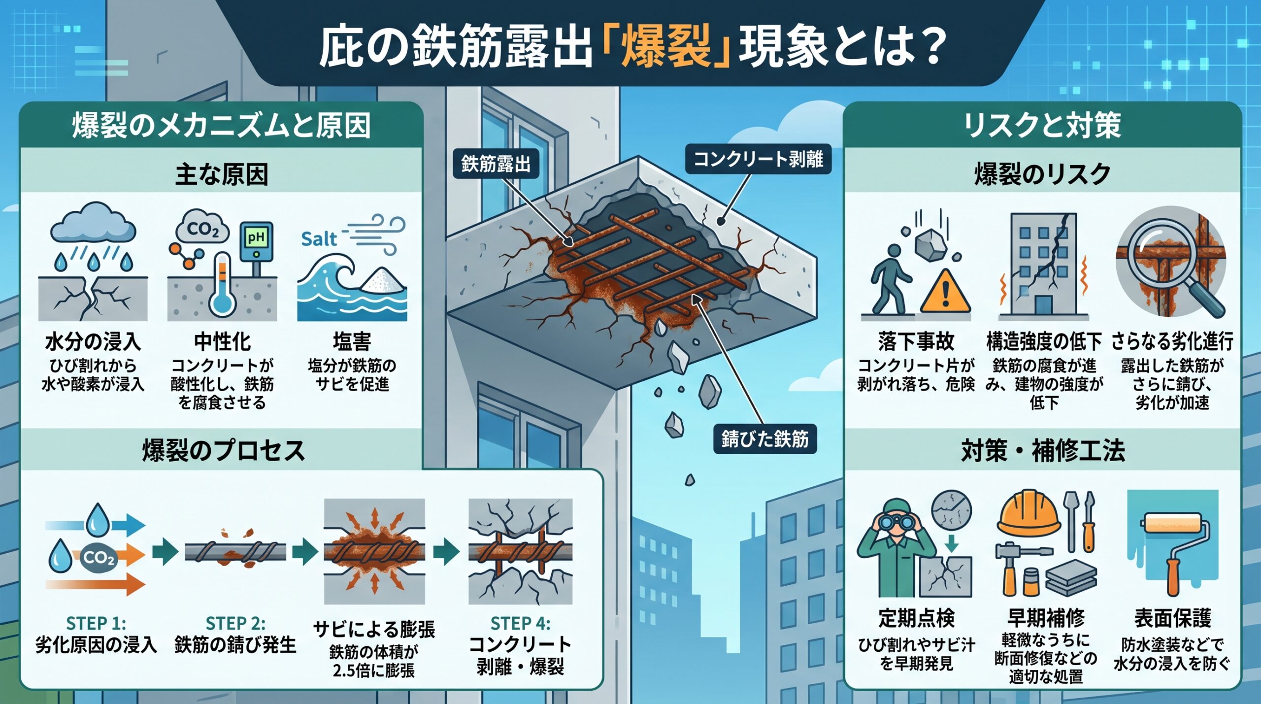 庇の鉄筋が露出する「爆裂」現象とは？