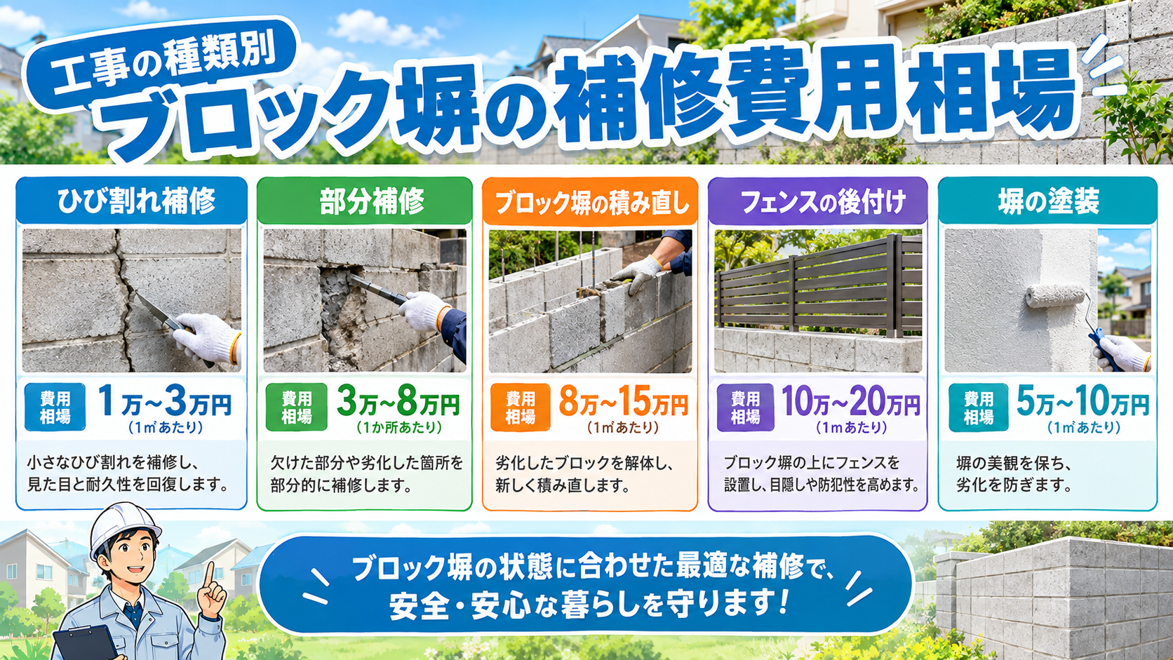 【工事の種類別】ブロック塀の補修費用相場