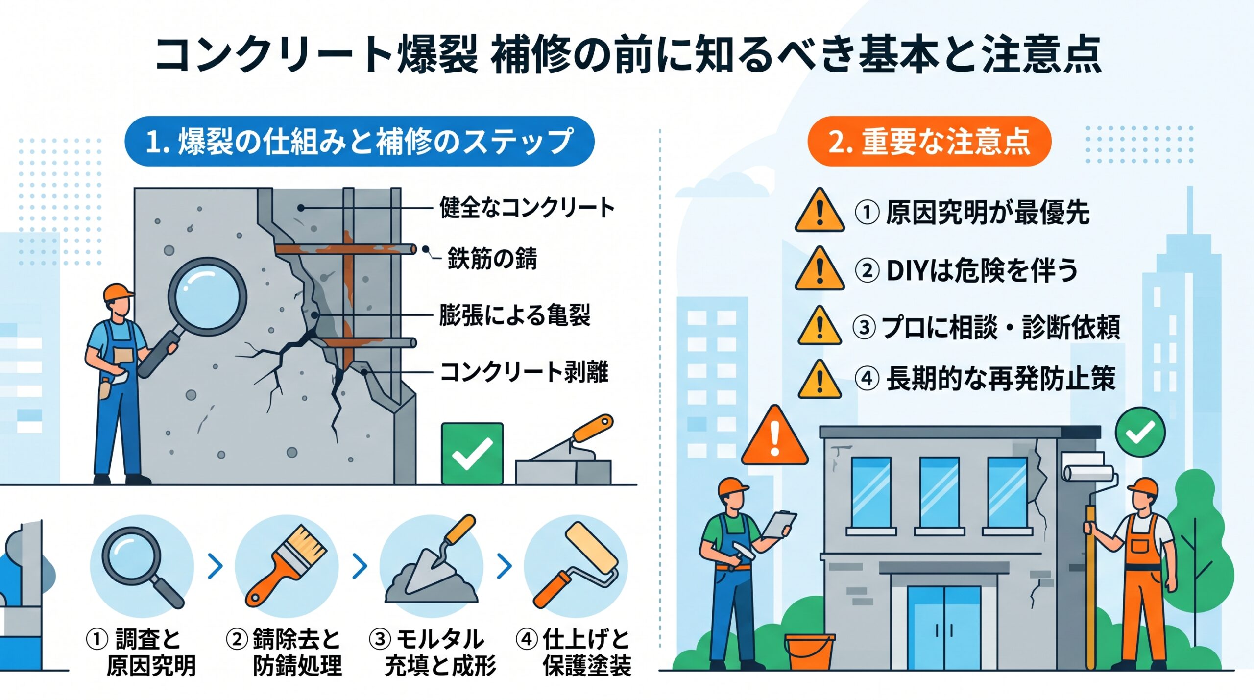 コンクリート爆裂の補修方法を検討する前に知るべき基本と注意点