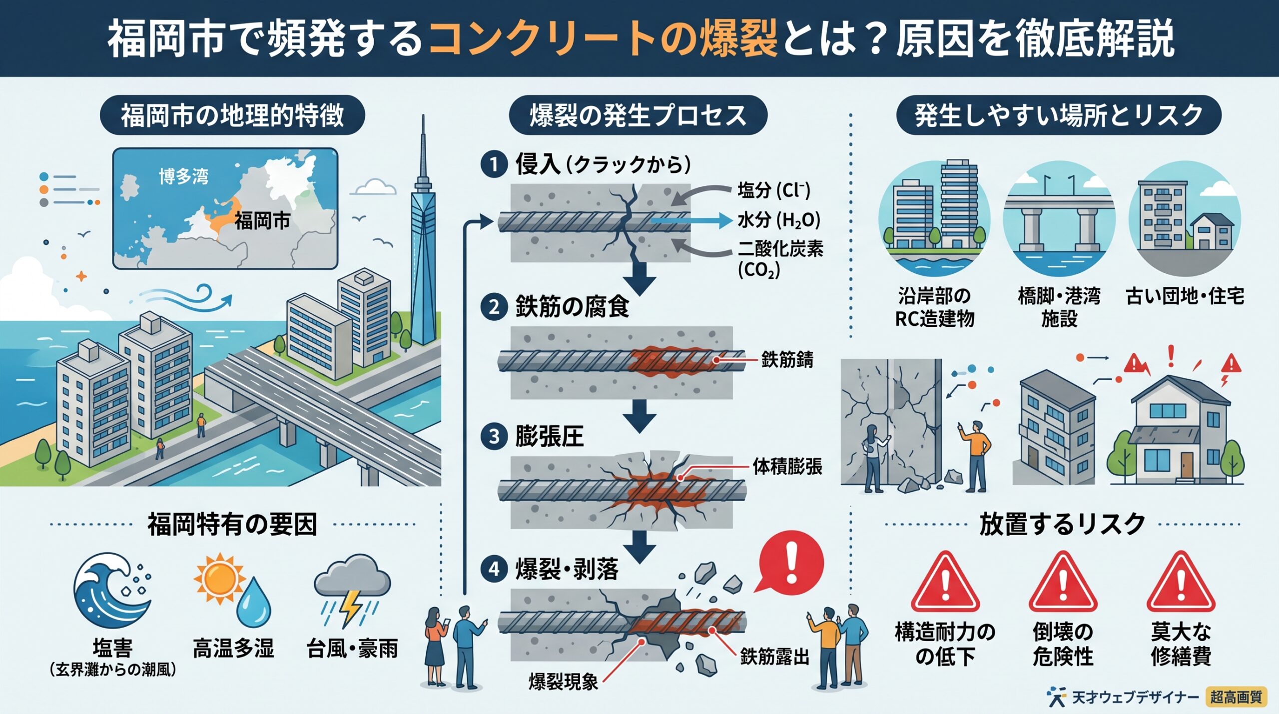 福岡市で頻発するコンクリートの爆裂とは？原因を徹底解説